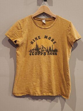 LOVE Vintage Hike More Worry Less Mountain Graphic Tee Small Mustard